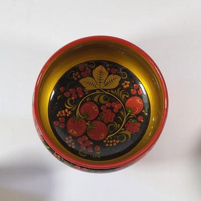 LOT 85D: Hand Painted Floral & Fruit Wooden Dishware Made in USSR