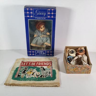 LOT 100G: Vintage 1940's Kid Toys Including 8" Ginny Doll, Baby Rattle and Cloth Book