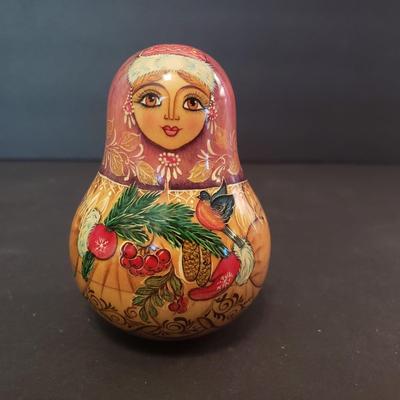LOT 121F: Russian Matryoshka Nesting Dolls & Roly-Poly Musical Holiday Themed Doll Signed
