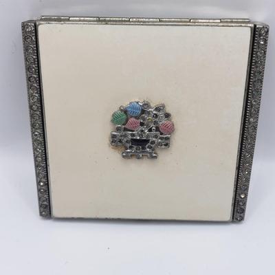 LOT 124F: Vintage Enamel Jeweled Compact, Godinger Silver Plated Mirrored Lid Powder Jar & Silver Tone Frame