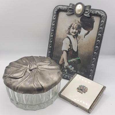 LOT 124F: Vintage Enamel Jeweled Compact, Godinger Silver Plated Mirrored Lid Powder Jar & Silver Tone Frame