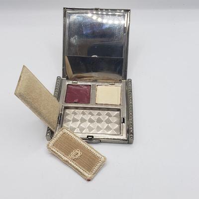 LOT 124F: Vintage Enamel Jeweled Compact, Godinger Silver Plated Mirrored Lid Powder Jar & Silver Tone Frame