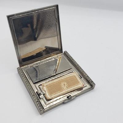 LOT 124F: Vintage Enamel Jeweled Compact, Godinger Silver Plated Mirrored Lid Powder Jar & Silver Tone Frame