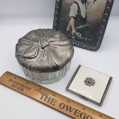 LOT 124F: Vintage Enamel Jeweled Compact, Godinger Silver Plated Mirrored Lid Powder Jar & Silver Tone Frame