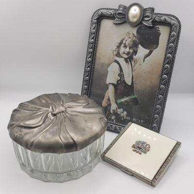 LOT 124F: Vintage Enamel Jeweled Compact, Godinger Silver Plated Mirrored Lid Powder Jar & Silver Tone Frame