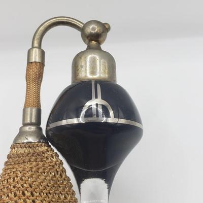 LOT 125: 1920s Art Deco Glass Perfume Bottle with Atomizer & Celluloid Cherub Compact Made in France