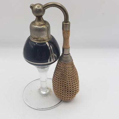 LOT 125: 1920s Art Deco Glass Perfume Bottle with Atomizer & Celluloid Cherub Compact Made in France