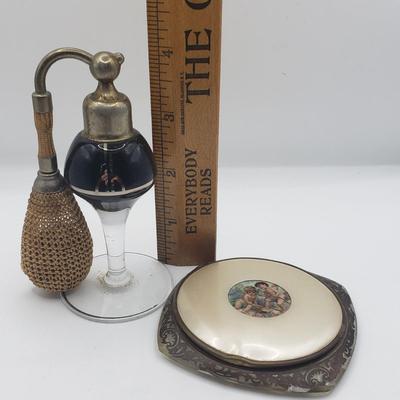 LOT 125: 1920s Art Deco Glass Perfume Bottle with Atomizer & Celluloid Cherub Compact Made in France