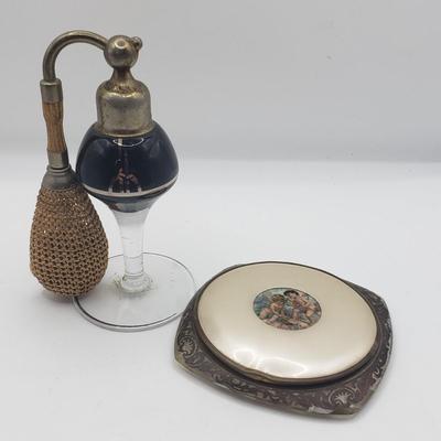 LOT 125: 1920s Art Deco Glass Perfume Bottle with Atomizer & Celluloid Cherub Compact Made in France