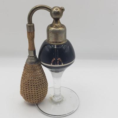 LOT 125: 1920s Art Deco Glass Perfume Bottle with Atomizer & Celluloid Cherub Compact Made in France