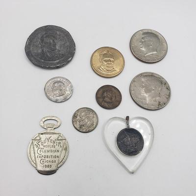 LOT 128F: Mercury Dime Heart Pendant, 1883 Souvenir of Worlds Colombian Exposition Chicago & More Coins