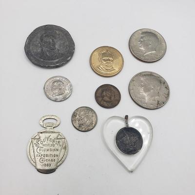 LOT 128F: Mercury Dime Heart Pendant, 1883 Souvenir of Worlds Colombian Exposition Chicago & More Coins