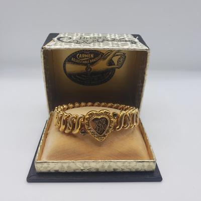 LOT 131F: Antique Early 20th Century Briggs Carmen Goldtone Adjustable Heart Bracelet in Original Box