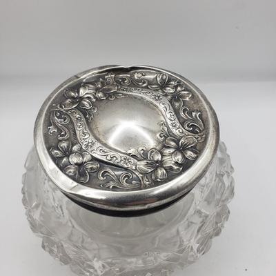 LOT 140F: Glass Powder Jar & Inkwell with Sterling Lids 26.74gtw