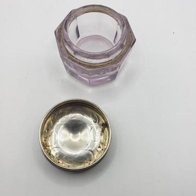LOT 140F: Glass Powder Jar & Inkwell with Sterling Lids 26.74gtw