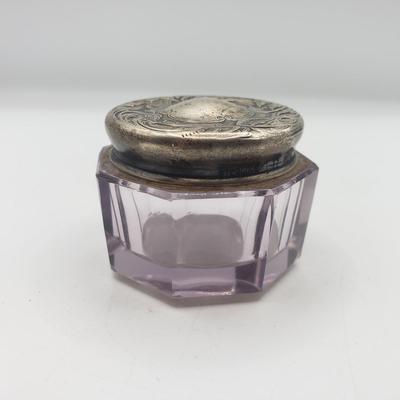 LOT 140F: Glass Powder Jar & Inkwell with Sterling Lids 26.74gtw