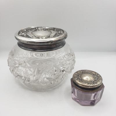 LOT 140F: Glass Powder Jar & Inkwell with Sterling Lids 26.74gtw