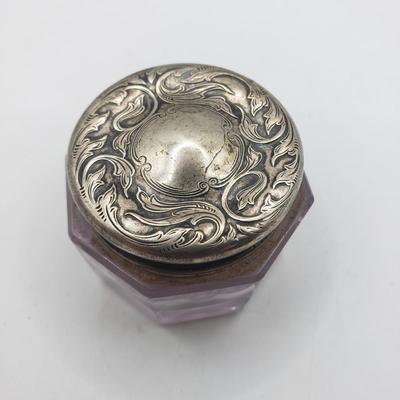 LOT 140F: Glass Powder Jar & Inkwell with Sterling Lids 26.74gtw