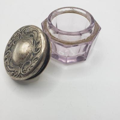 LOT 140F: Glass Powder Jar & Inkwell with Sterling Lids 26.74gtw