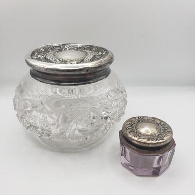 LOT 140F: Glass Powder Jar & Inkwell with Sterling Lids 26.74gtw