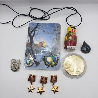 LOT 142F: Vintage Russian Pins, Nesting Doll Necklace & Coin