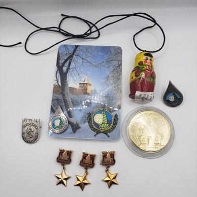LOT 142F: Vintage Russian Pins, Nesting Doll Necklace & Coin