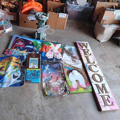 YARD FLAGS, WOODEN WELCOME SIGN AND YARD ART