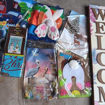 YARD FLAGS, WOODEN WELCOME SIGN AND YARD ART