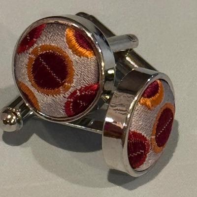 Cufflinks - Red & Yellow circles on a Gray Fabric Background. Bullet Backs.