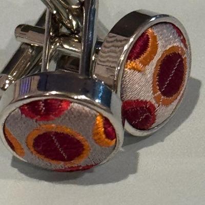 Cufflinks - Red & Yellow circles on a Gray Fabric Background. Bullet Backs.