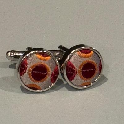 Cufflinks - Red & Yellow circles on a Gray Fabric Background. Bullet Backs.