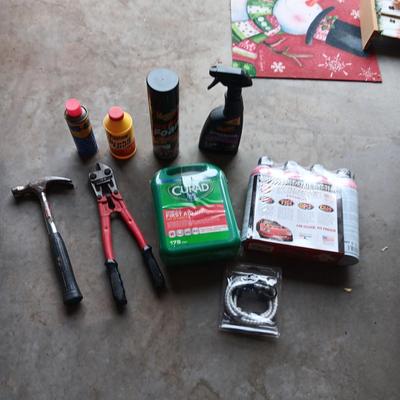 NEW FIRST AID KIT AND FW1 AUTO CLEANING WAS PLUS BOLT CUTTERS, HAMMER AND CHEMICALS