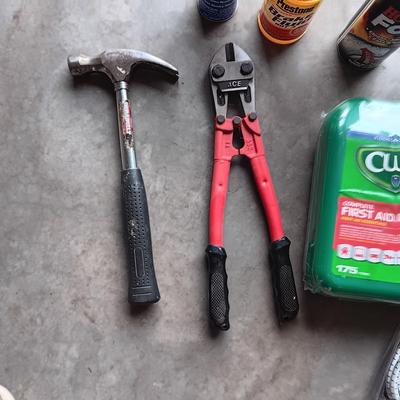 NEW FIRST AID KIT AND FW1 AUTO CLEANING WAS PLUS BOLT CUTTERS, HAMMER AND CHEMICALS