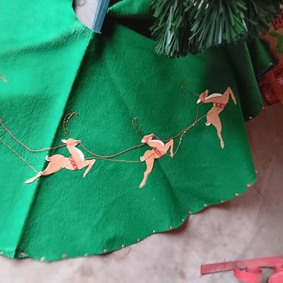 SMALL TREE WITH HANDMADE SKIRT, METAL SLEIGH AND LIGHTED FAKE PRESENTS