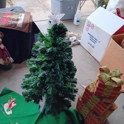 SMALL TREE WITH HANDMADE SKIRT, METAL SLEIGH AND LIGHTED FAKE PRESENTS