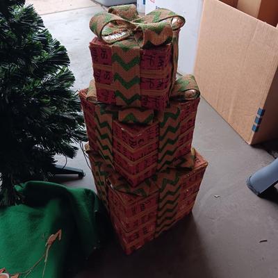 SMALL TREE WITH HANDMADE SKIRT, METAL SLEIGH AND LIGHTED FAKE PRESENTS