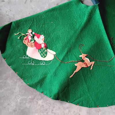 SMALL TREE WITH HANDMADE SKIRT, METAL SLEIGH AND LIGHTED FAKE PRESENTS