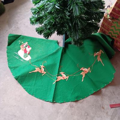 SMALL TREE WITH HANDMADE SKIRT, METAL SLEIGH AND LIGHTED FAKE PRESENTS