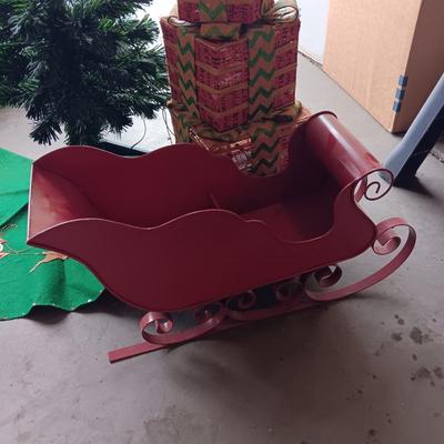 SMALL TREE WITH HANDMADE SKIRT, METAL SLEIGH AND LIGHTED FAKE PRESENTS