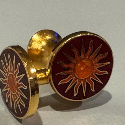 Cufflinks - Good Sun on Red Background. Gold Button Style Backs.