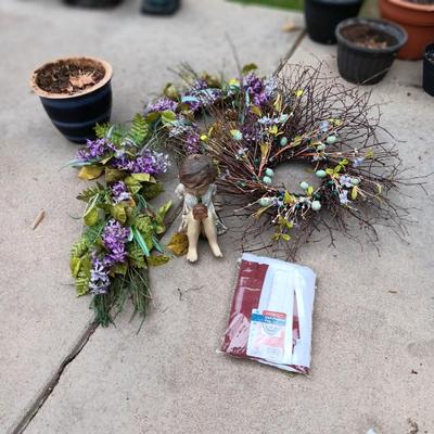 FAUX FLOWER WREATH AND SWAG, RESIN YARD ART AND FLOWER POT