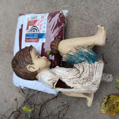 FAUX FLOWER WREATH AND SWAG, RESIN YARD ART AND FLOWER POT