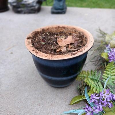 FAUX FLOWER WREATH AND SWAG, RESIN YARD ART AND FLOWER POT