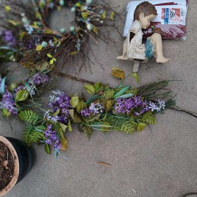 FAUX FLOWER WREATH AND SWAG, RESIN YARD ART AND FLOWER POT