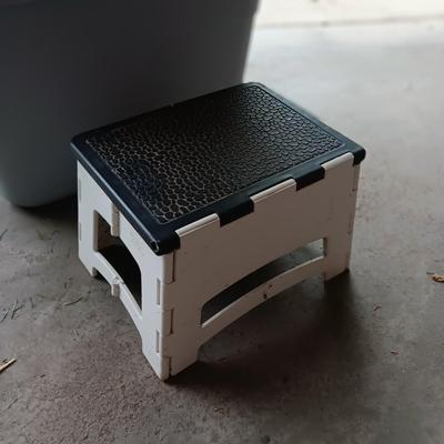 3 STORAGE TOTES AND A FOLDING STOOL