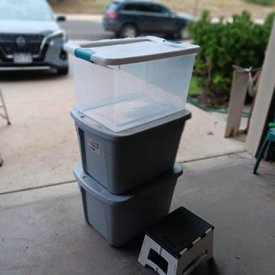 3 STORAGE TOTES AND A FOLDING STOOL