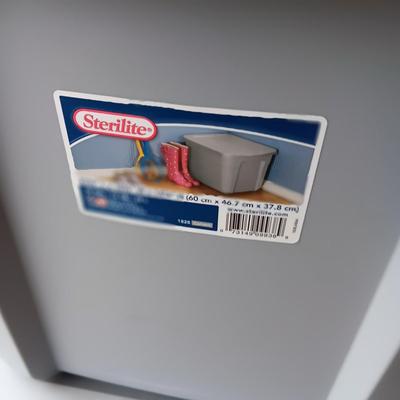 3 STORAGE TOTES AND A FOLDING STOOL