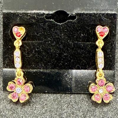 Sale Photo Thumbnail #526: Tiny heart shaped posts and dangling flowers.  For pierced ears. In good condition.