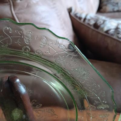 PINK AND GREEN DEPRESSION GLASS SERVING PIECES