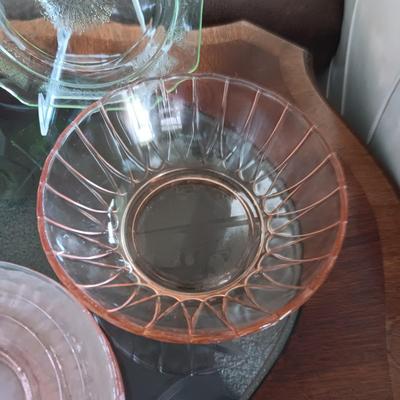 PINK AND GREEN DEPRESSION GLASS SERVING PIECES
